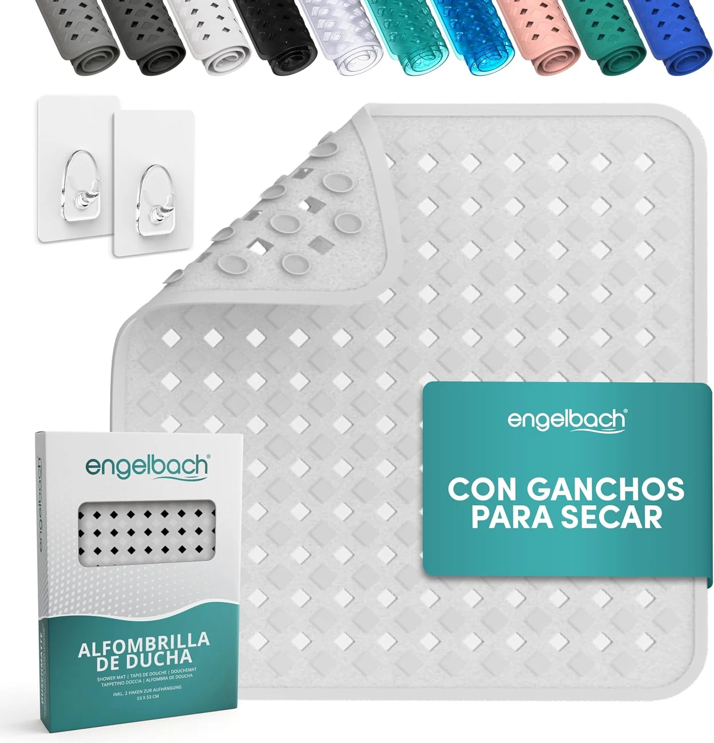 Engelbach Alfombra de Ducha Antideslizante 53x53 cm con 2 Ganchos
